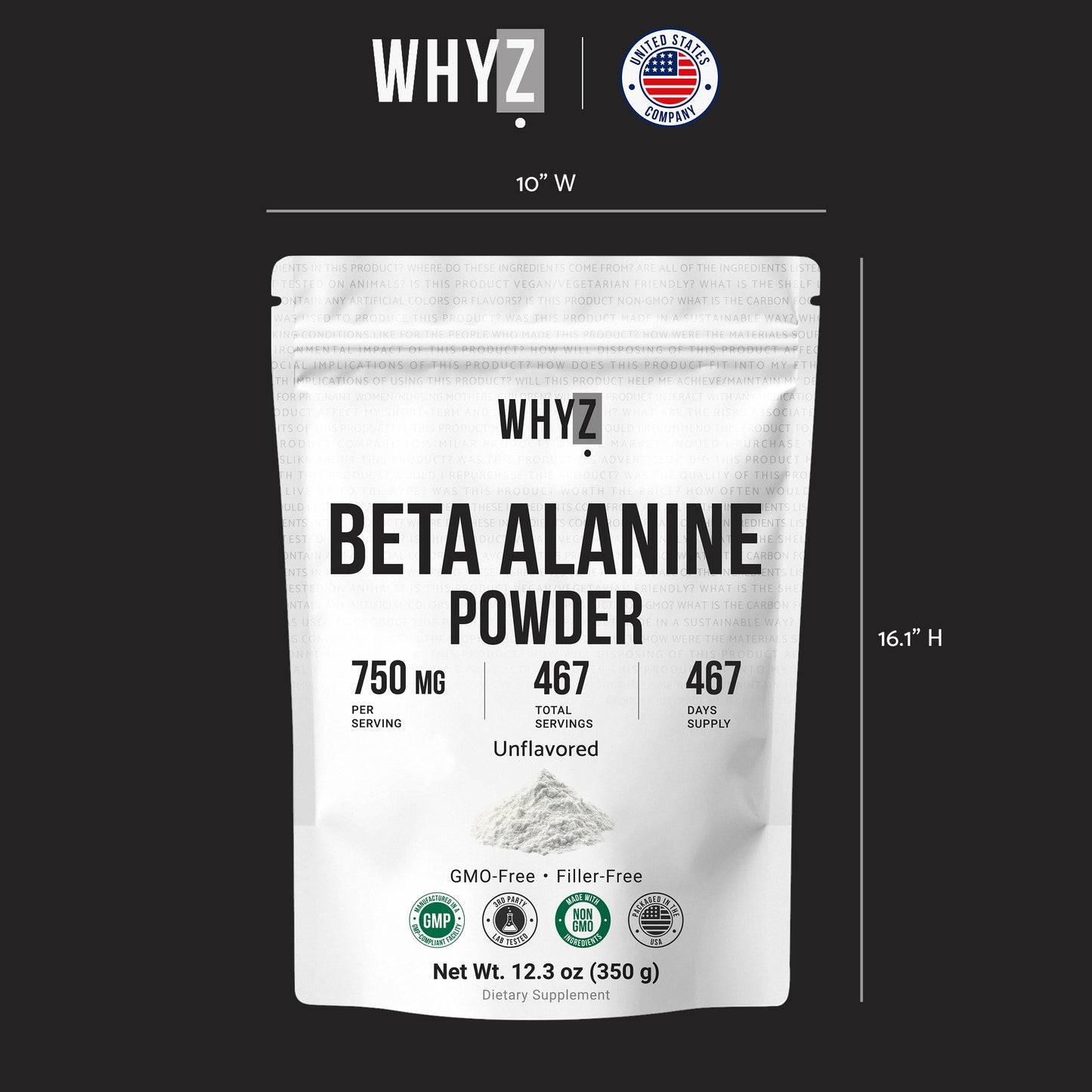 WHYZ Beta Alanine Powder Pure Beta Alanine Pre-Workout Supplement, 12.3 oz