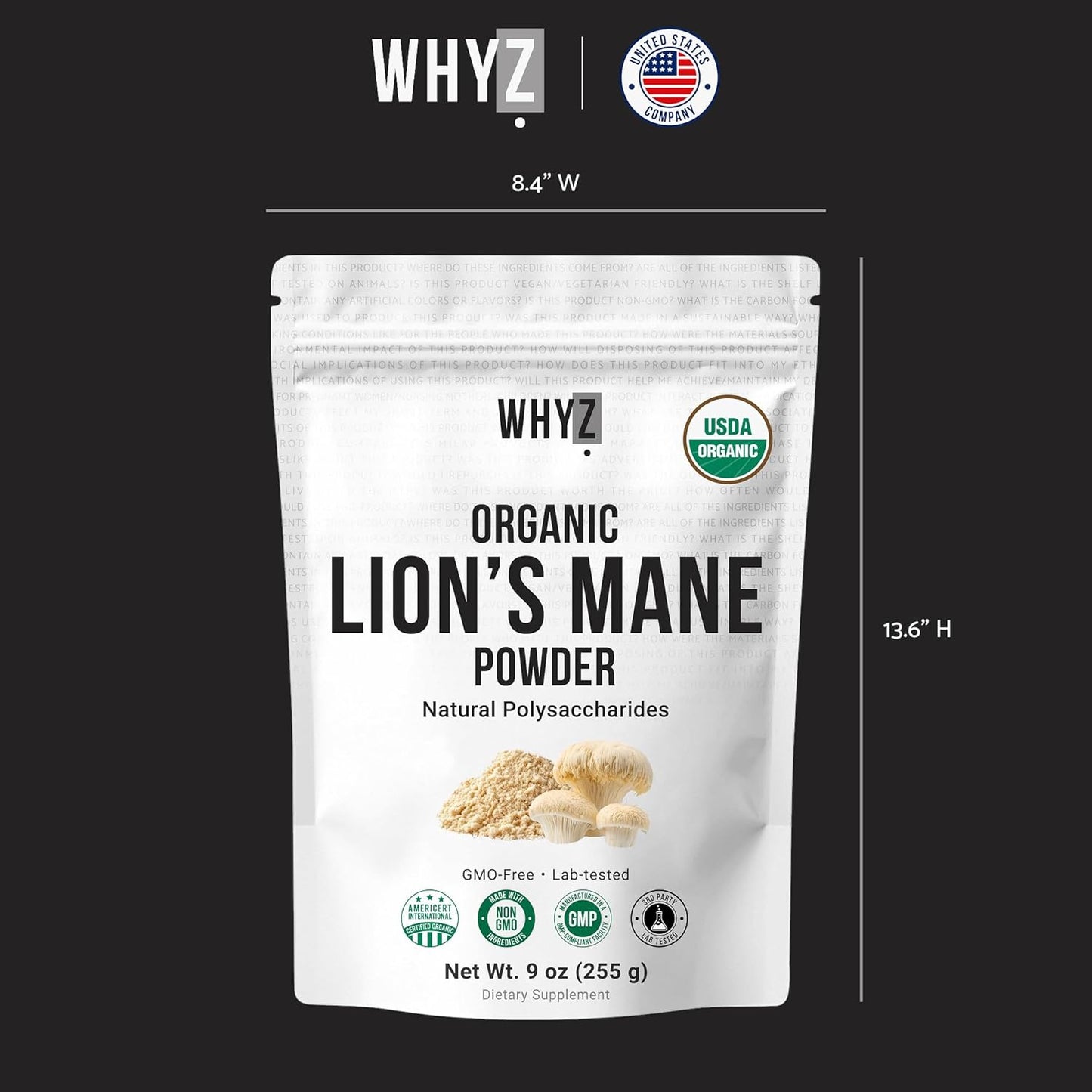WHYZ Organic Lion’s Mane Mushroom Powder, 9 oz