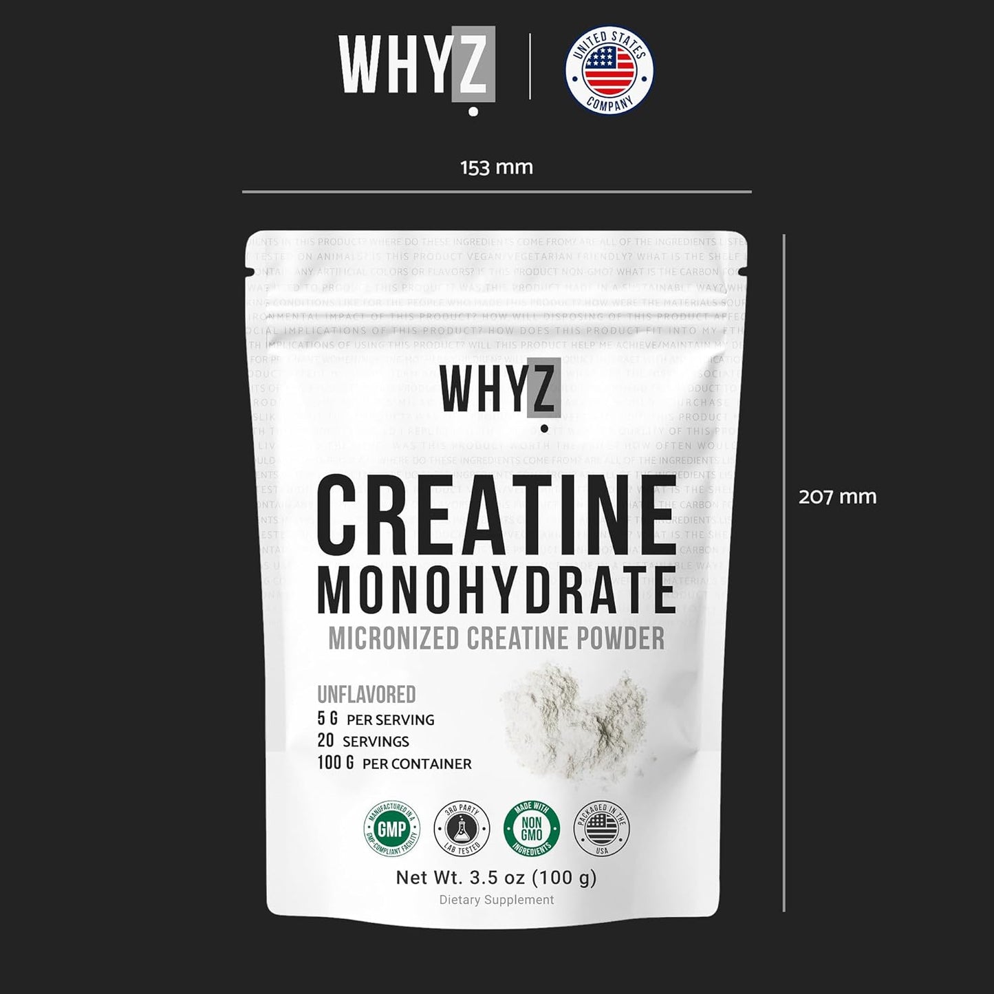 WHYZ Creatine Monohydrate Powder, Unflavored Creatine, 3.5 oz, 20 Servings