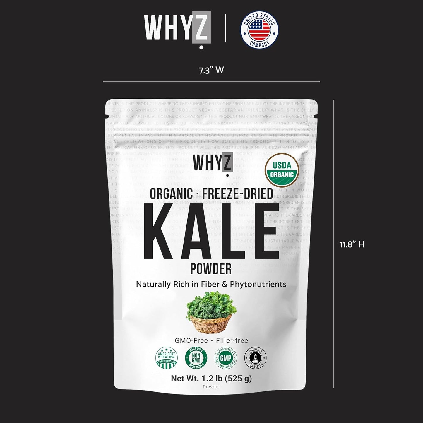 WHYZ Organic Kale Powder Freeze-Dried Greens Superfood, 525g