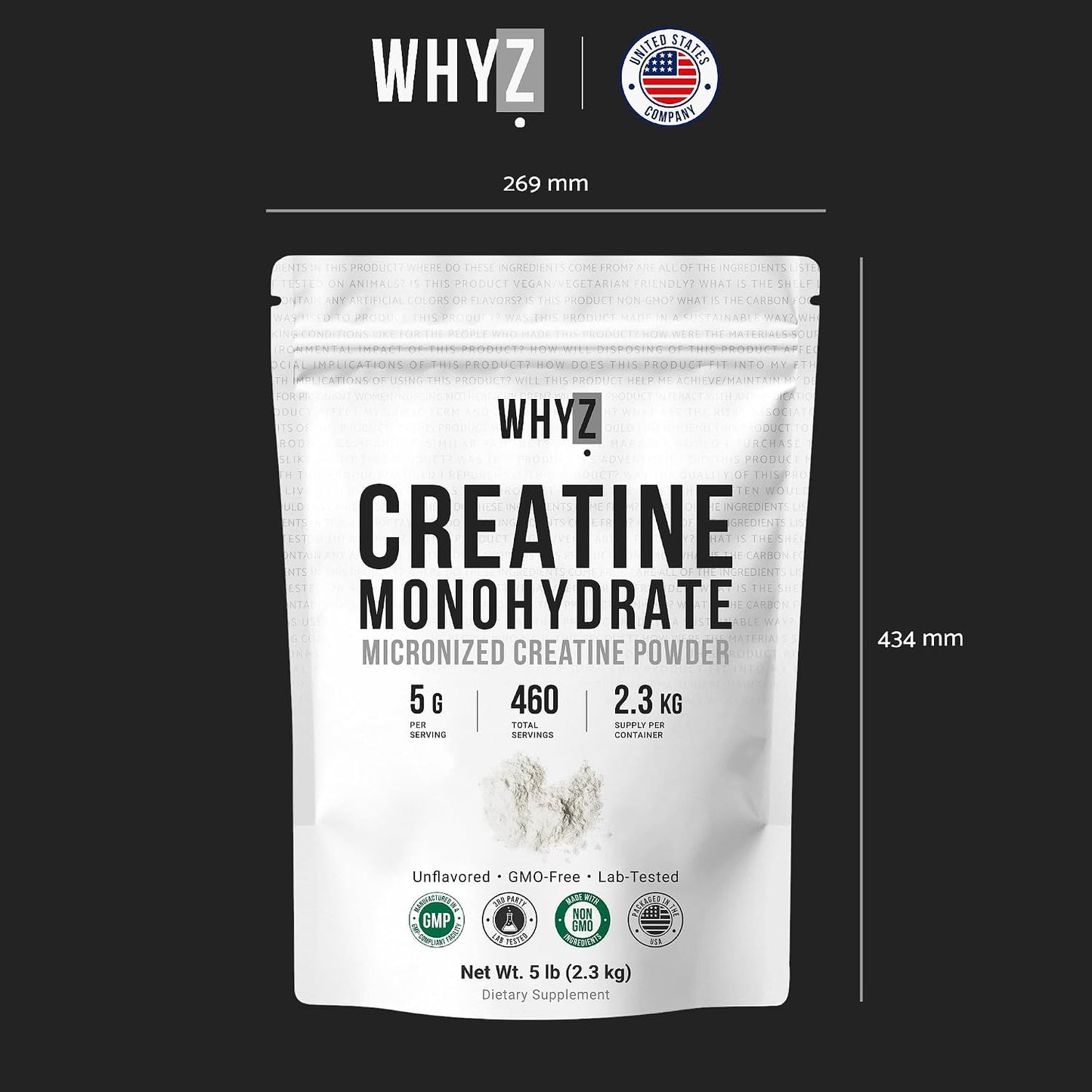 WHYZ Creatine Monohydrate Powder, Micronized, Unflavored Creatine, 20 Servings, 2268g