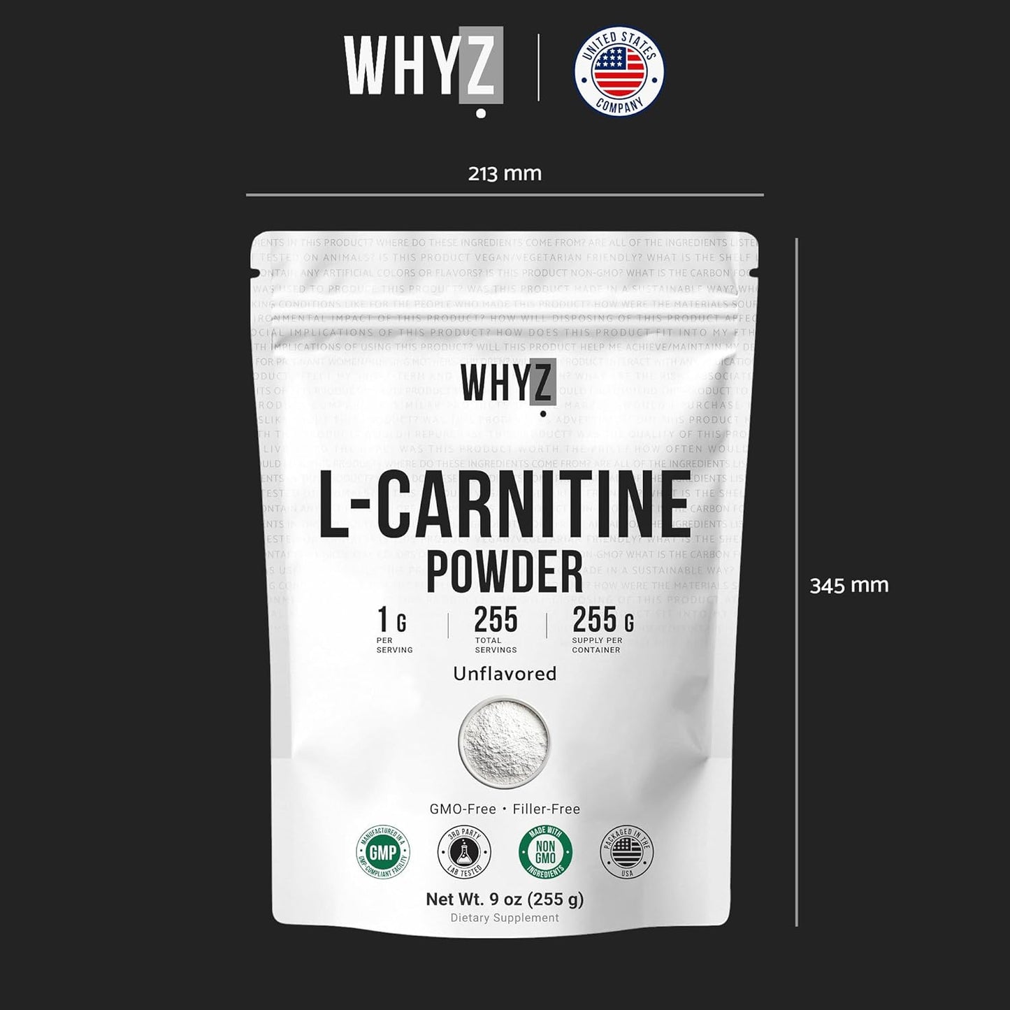 WHYZ L-Carnitine Powder Unflavored Carnitine Supplement, 255g (9 oz)