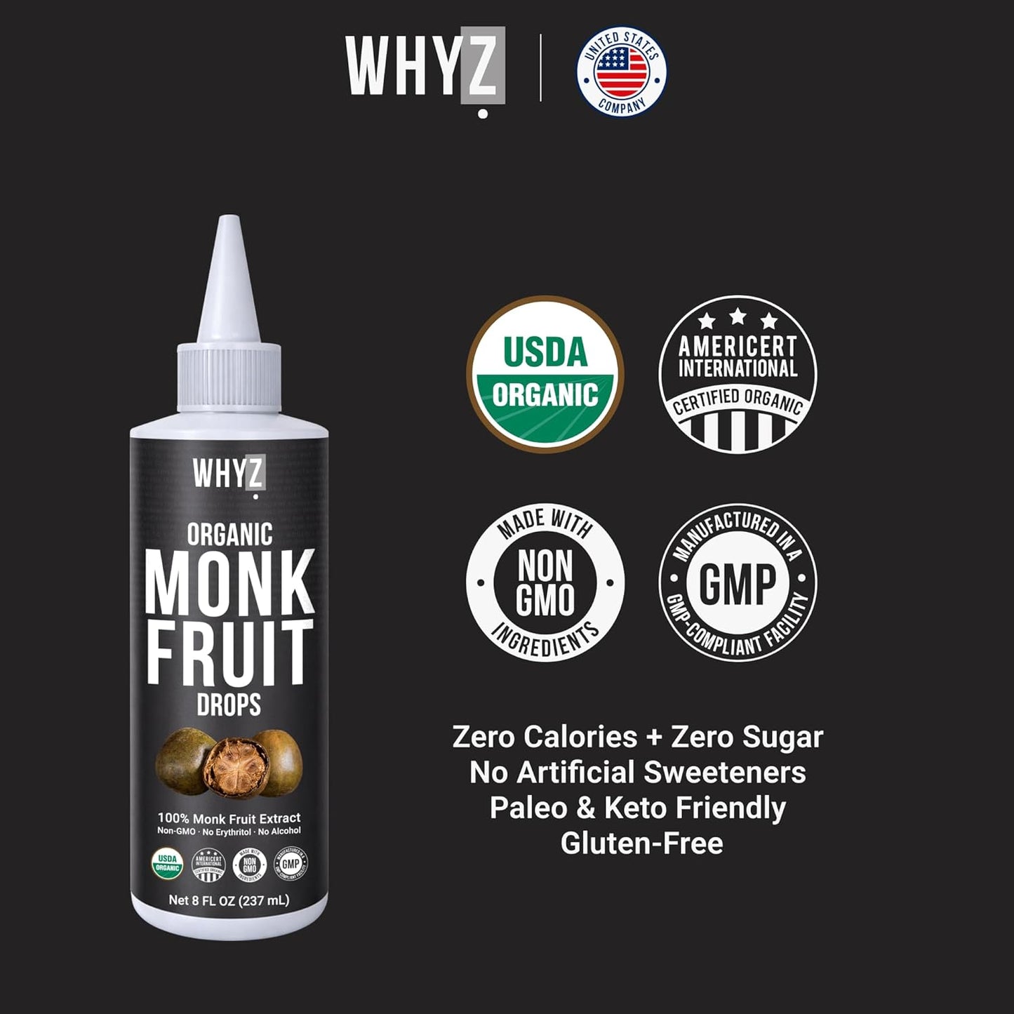 WHYZ Organic Monk Fruit Liquid Sweetener Drops, 8 OZ