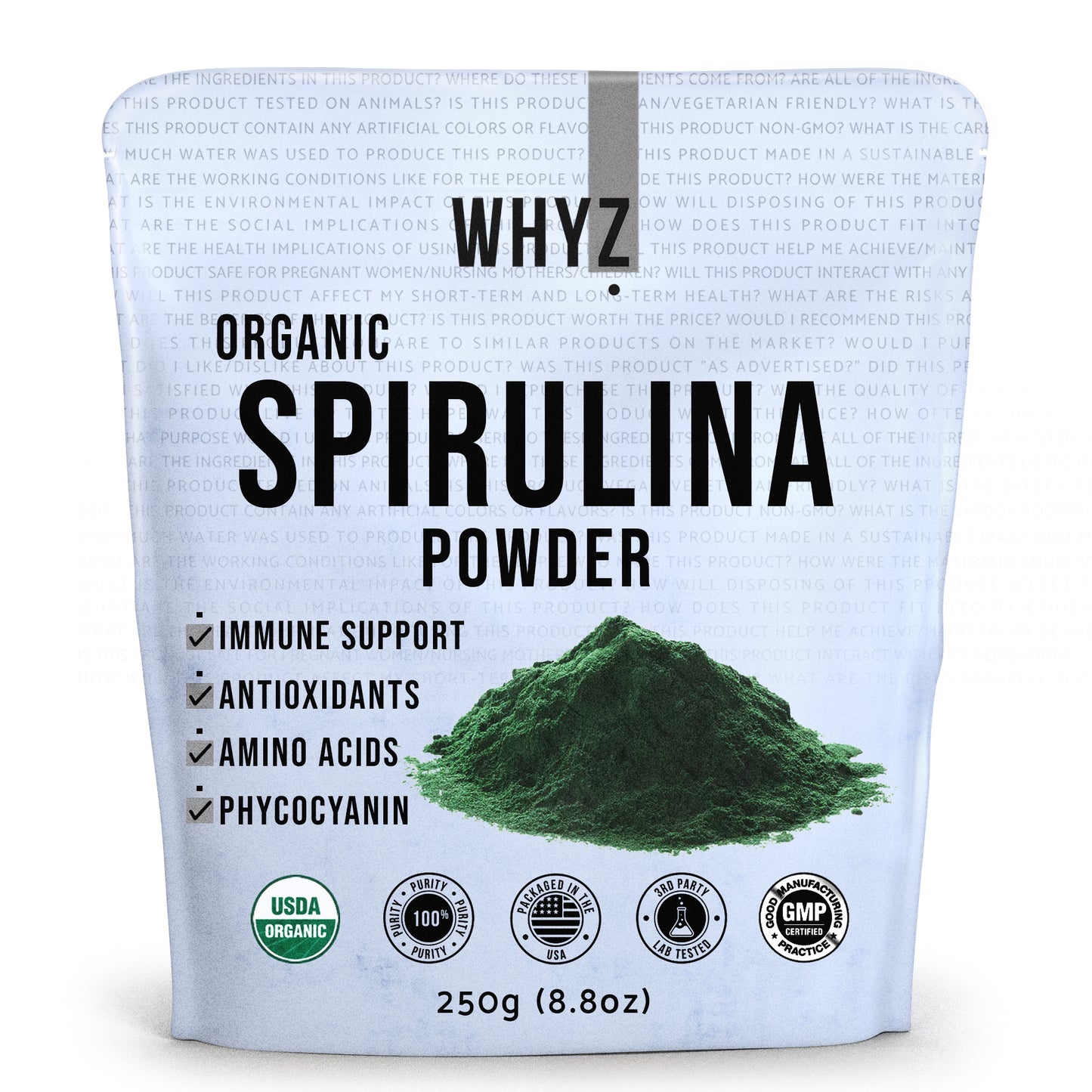 WHYZ Organic Spirulina Powder 250g, Boosts Metabolism Lowers Bad Cholesterol Smoothies using Green Algae Powder and Vegan Organic Spirulina Powder.