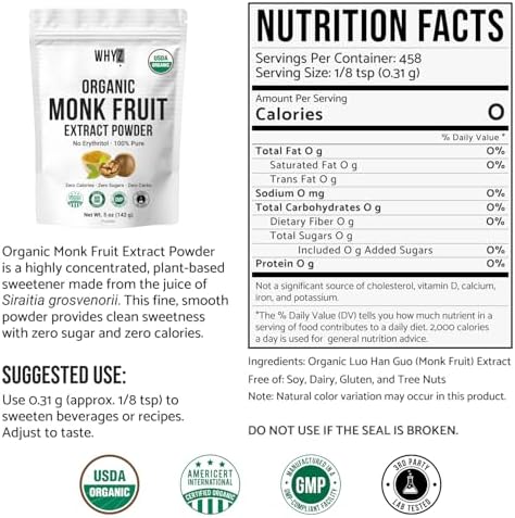 WHYZ Organic Monk Fruit Extract 5oz - back of package