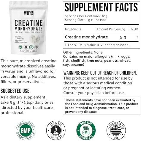 WHYZ Creatine Monohydrate Powder 525g - back of package