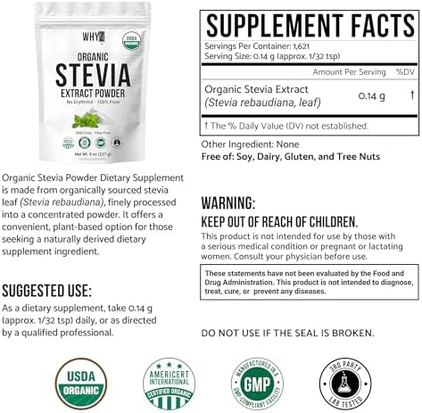 WHYZ Organic Stevia Extract Powder 8oz - back of package