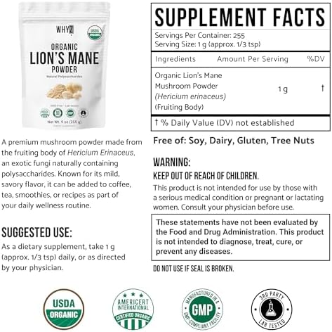 WHYZ Organic Lion's Mane Mushroom Powder 255g - back of package