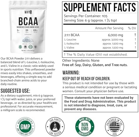 WHYZ BCAA Powder 2:1:1 Branched Chain Amino Acids 630g - back of package