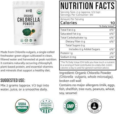 WHYZ Organic Chlorella Powder 22oz Raw Superfood - back of package