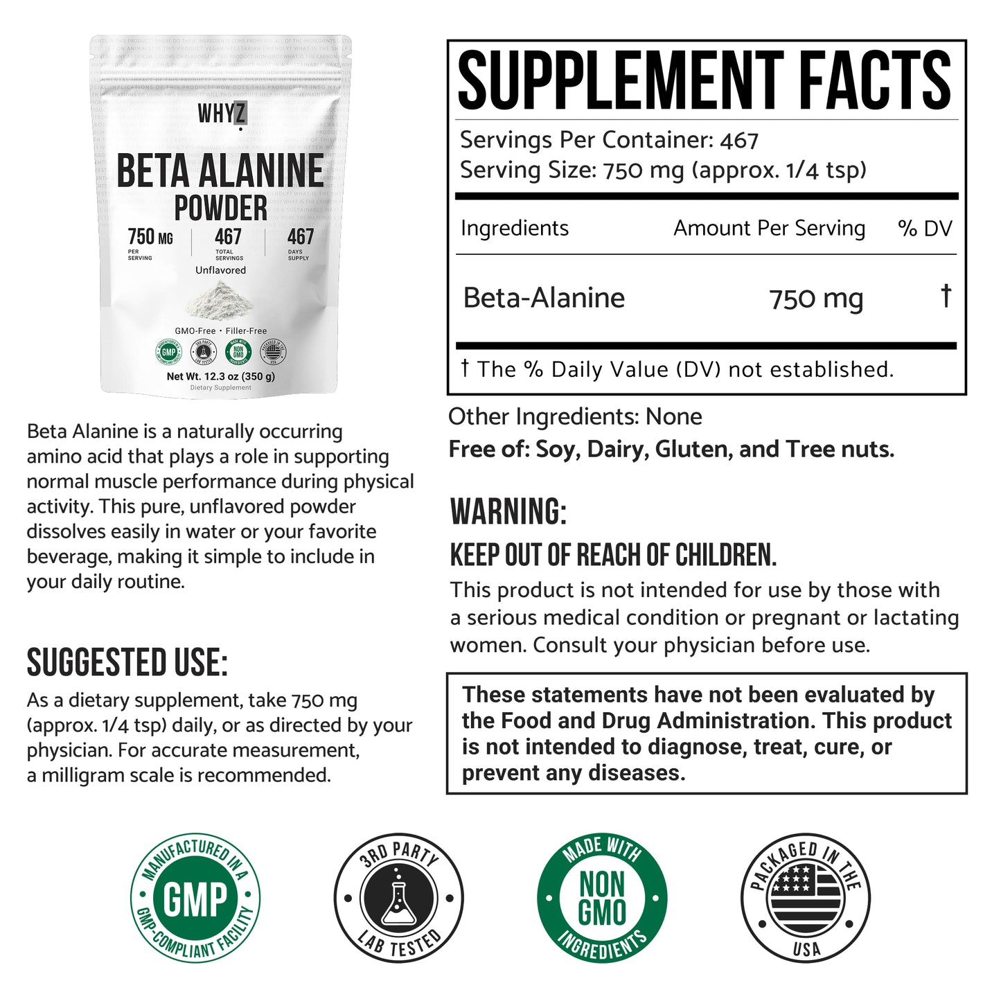 WHYZ Beta Alanine Powder Pure Beta Alanine Pre-Workout Supplement, 12.3 oz