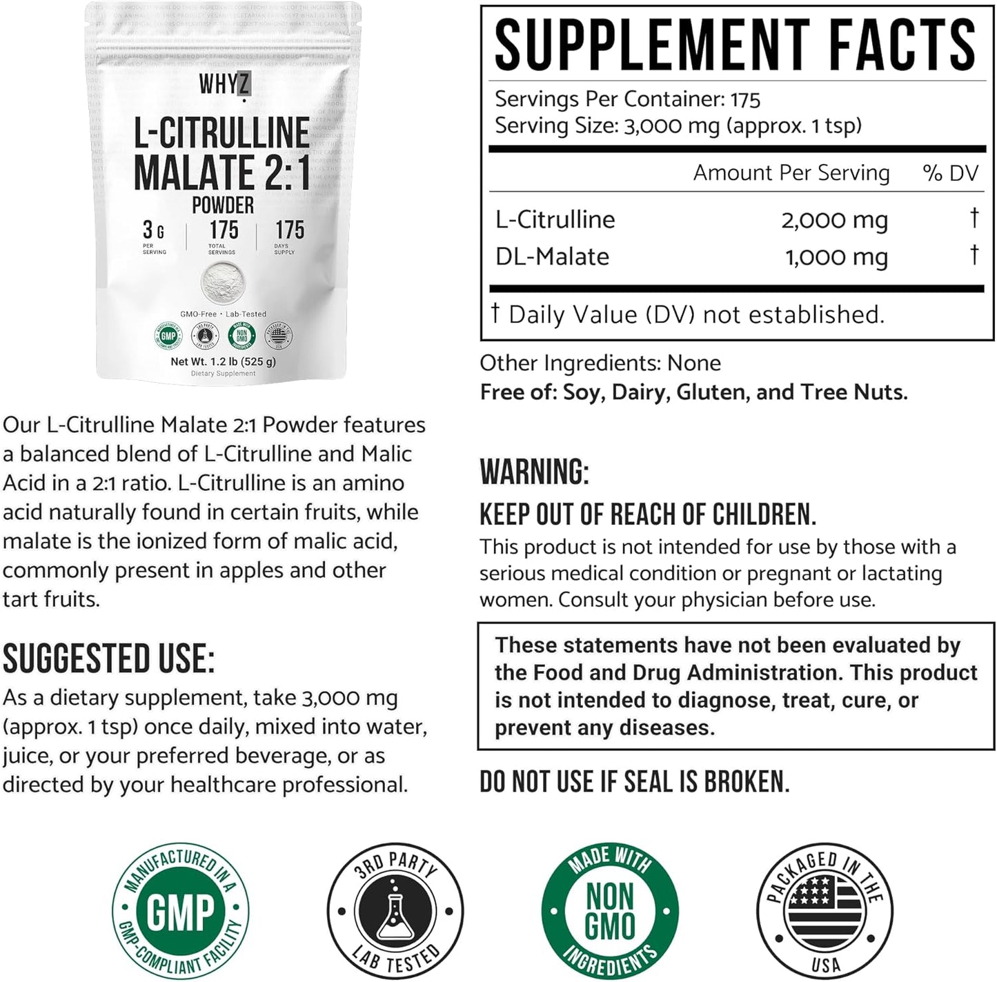 WHYZ L-Citrulline Malate 2 : 1 Powder, Pure Amino Acid Citrulline Supplement, 525g