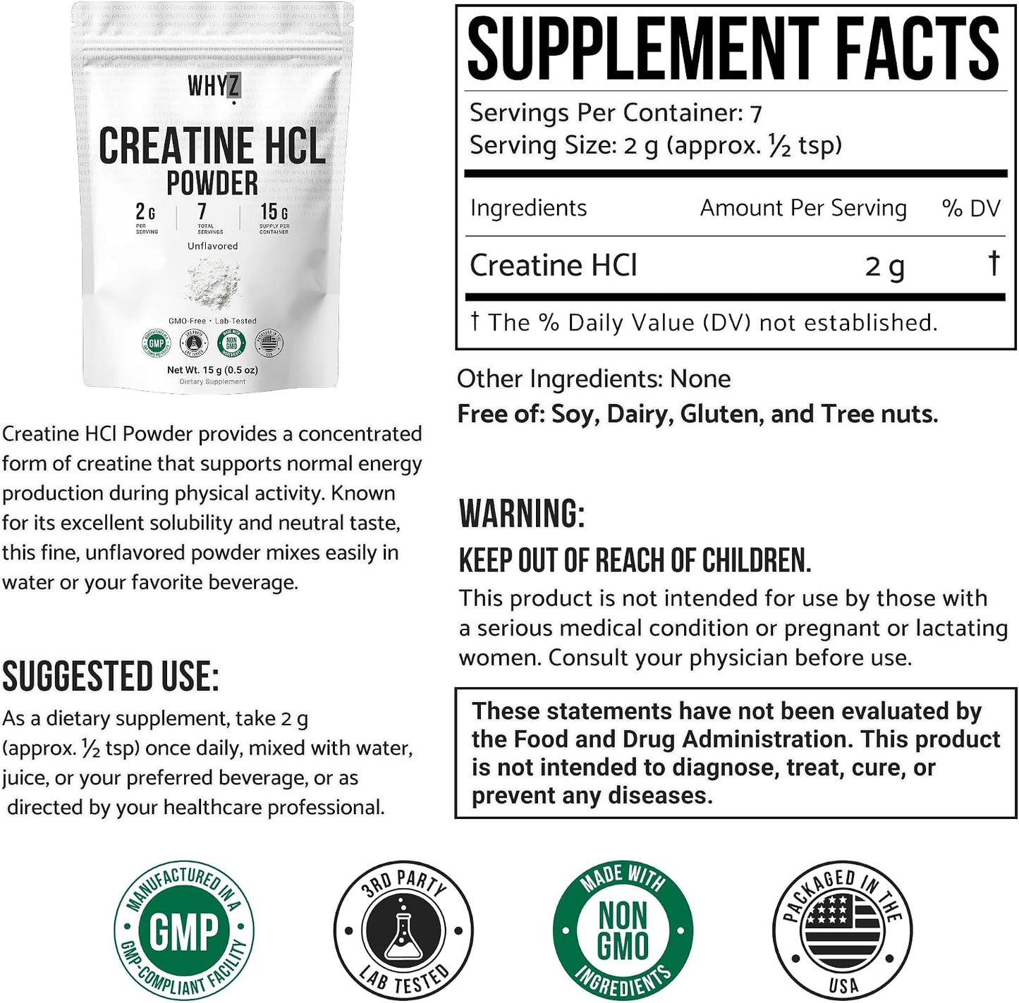 Pure Creatine HCL Powder Unflavored HCL Creatine Supplement, 15g