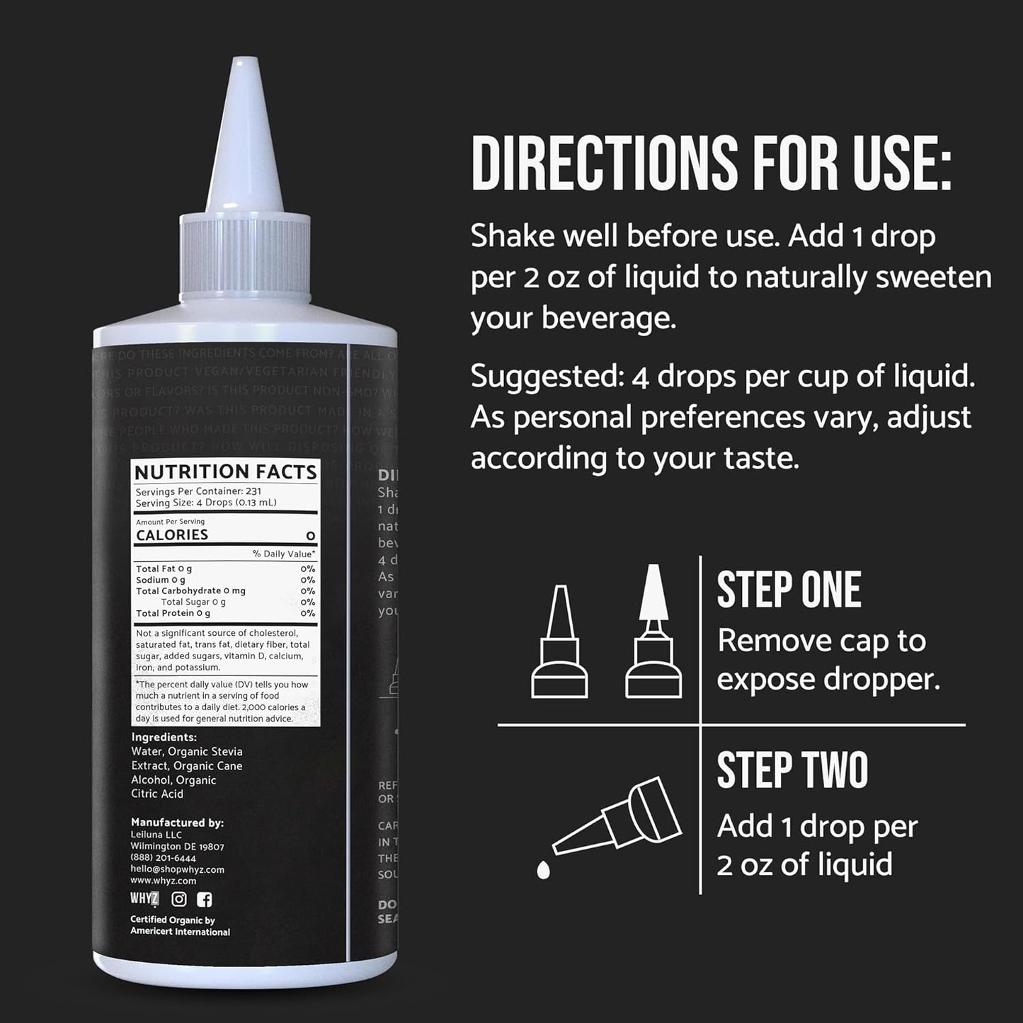 WHYZ Organic Stevia Liquid Drops Zero Calorie, 1 oz, 228 Servings