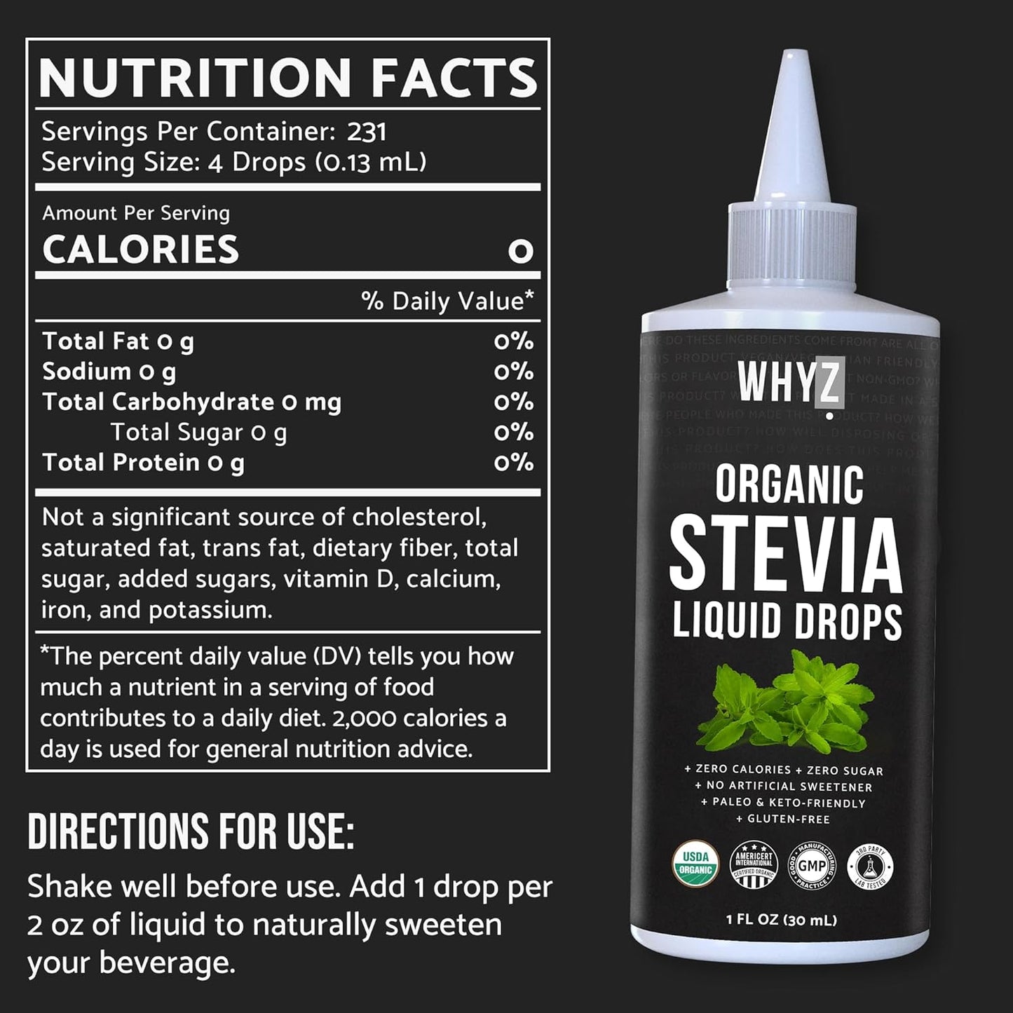 WHYZ Organic Stevia Liquid Drops Zero Calorie, 1 oz, 228 Servings