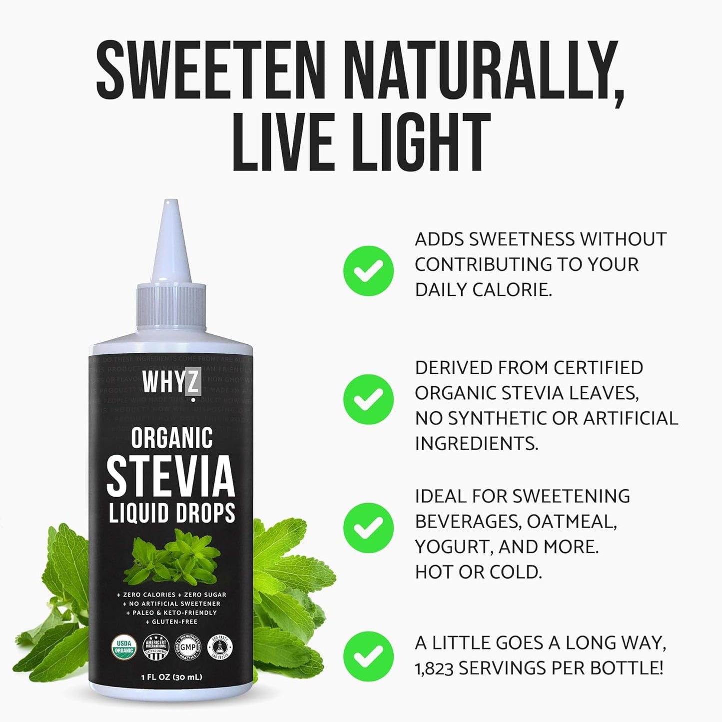 WHYZ Organic Stevia Liquid Drops Zero Calorie, 1 oz, 228 Servings
