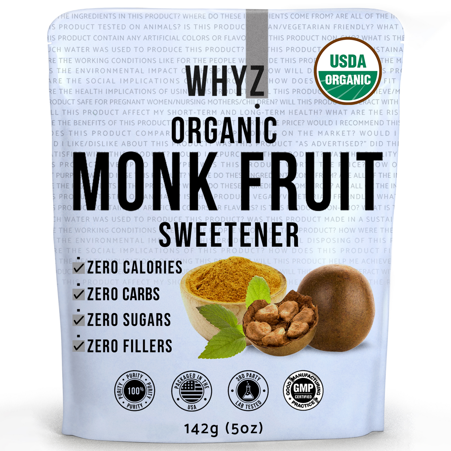 WHYZ Organic Monk Fruit Extract , 5 oz, USDA Organic Monk Fruit Sweetener, Zero Calorie  Zero Carb, Sugar Substitute, Keto & Paleo Diet Friendly, 454 Servings