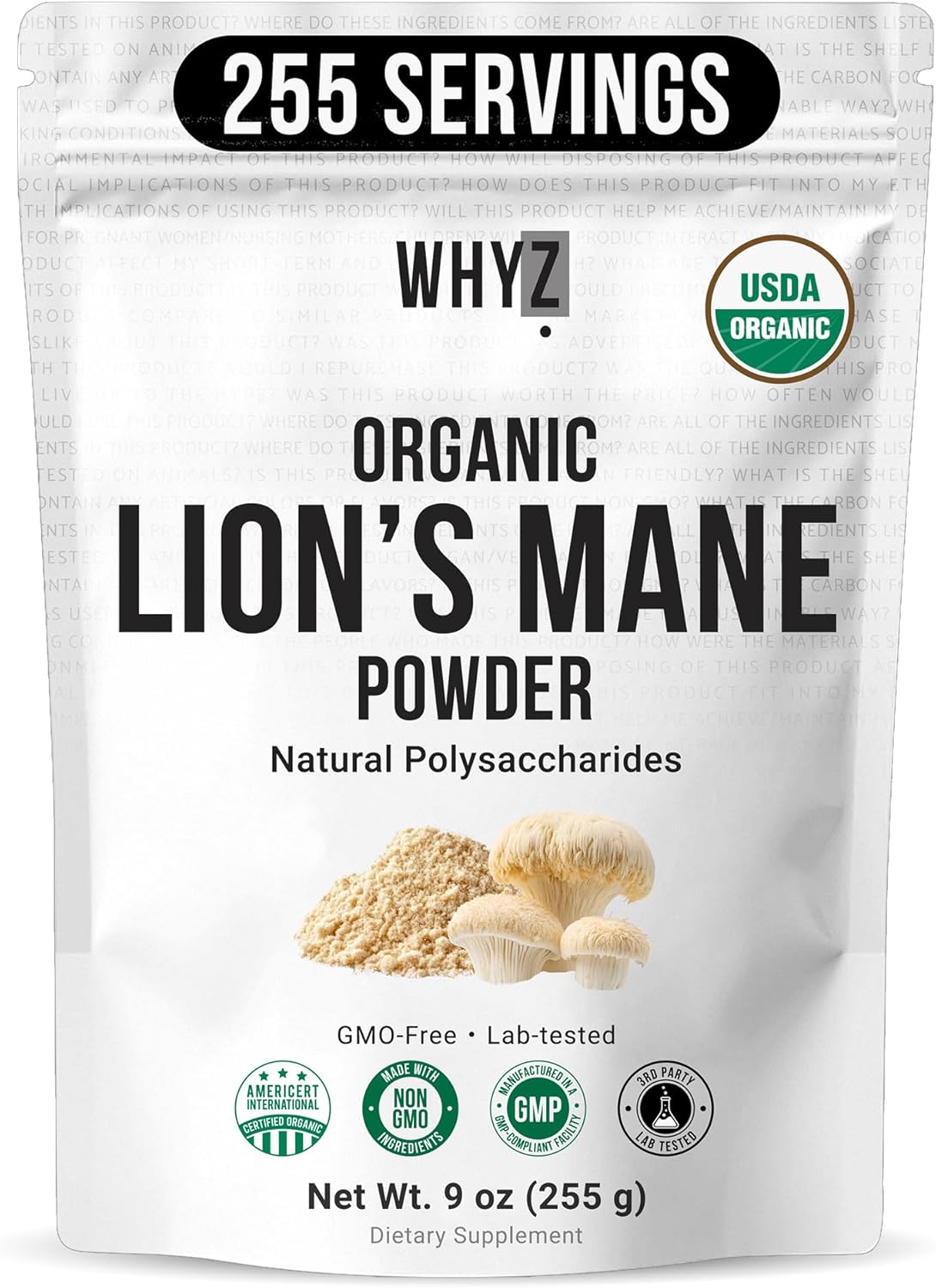 WHYZ Organic Lion’s Mane Mushroom Powder, 9 oz
