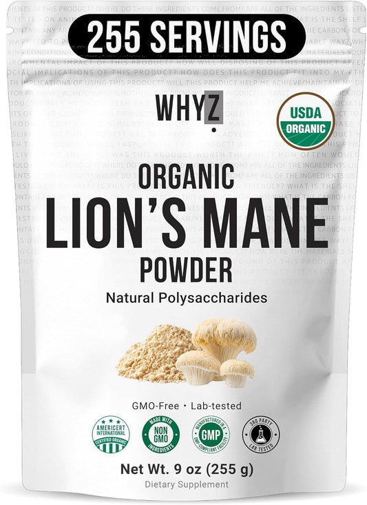 WHYZ Organic Lion’s Mane Mushroom Powder, 9 oz