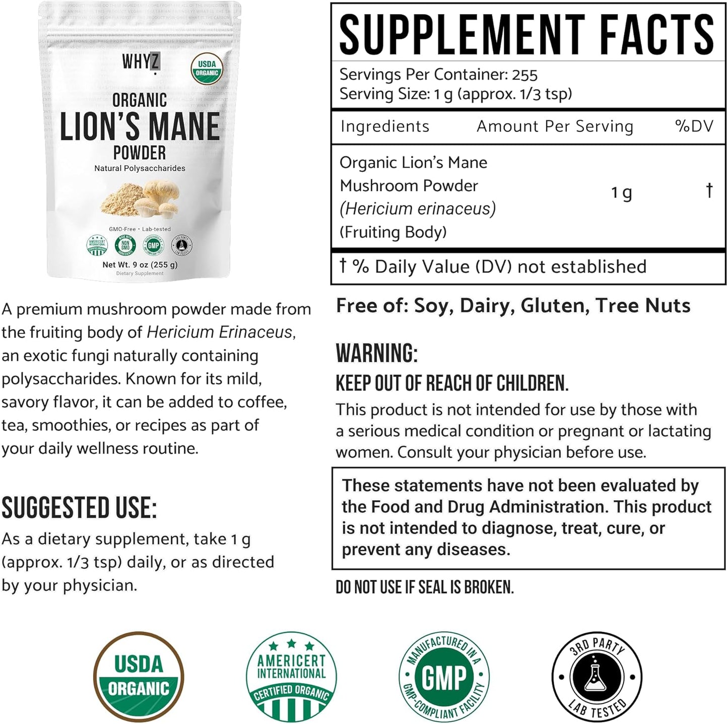 WHYZ Organic Lion’s Mane Mushroom Powder, 9 oz