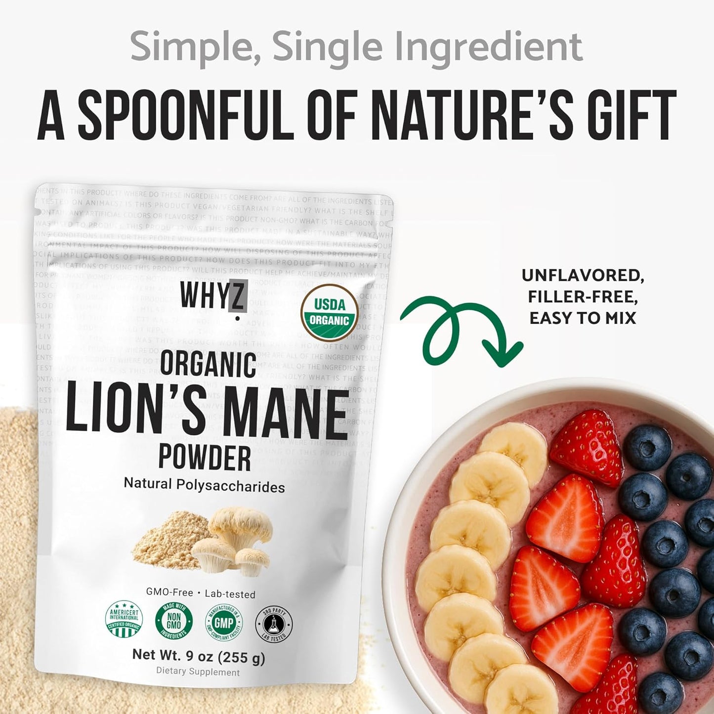 WHYZ Organic Lion’s Mane Mushroom Powder, 9 oz