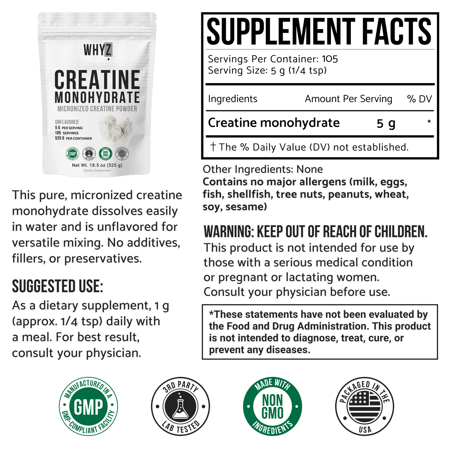 Creatine Monohydrate Powder, 525g, Micronized & Unflavored, Creatine Supplement for Men & Women, Muscle Support, Strength & Recovery, 105 Servings