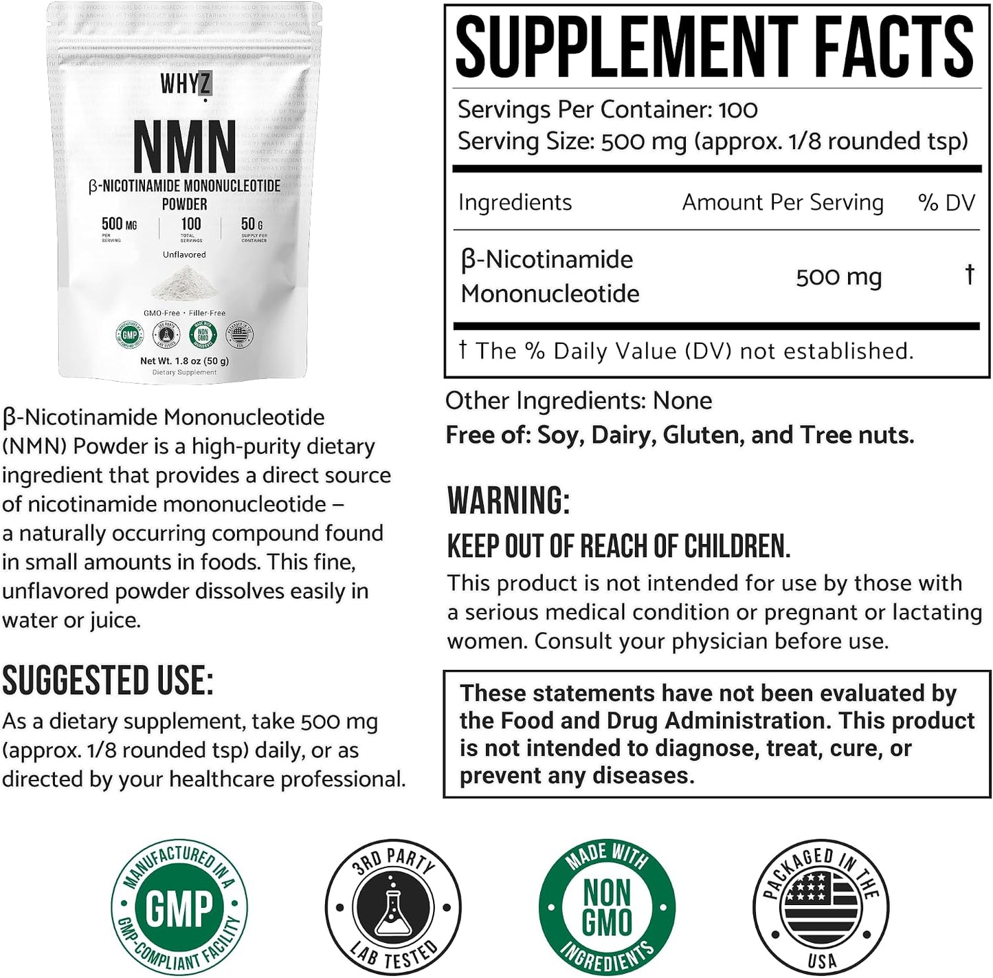 Pure NMN Powder Nicotinamide Mononucleotide Quick Dissolved NMN Supplement Powder, 50g