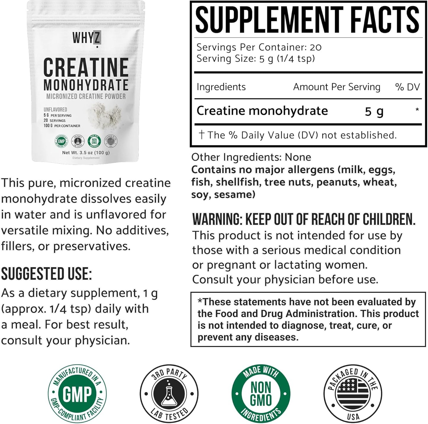 WHYZ Creatine Monohydrate Powder, Unflavored Creatine, 3.5 oz, 20 Servings