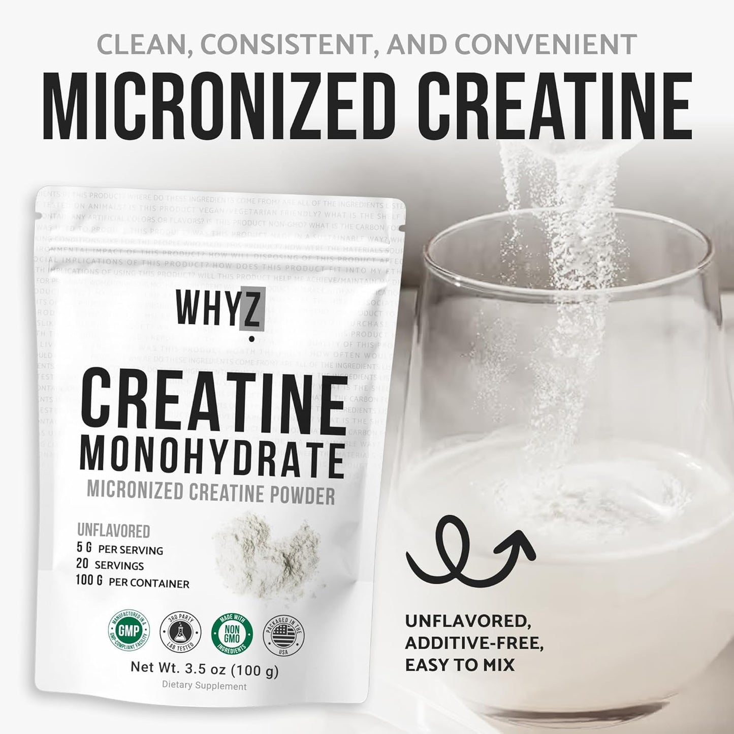 WHYZ Creatine Monohydrate Powder, Unflavored Creatine, 3.5 oz, 20 Servings