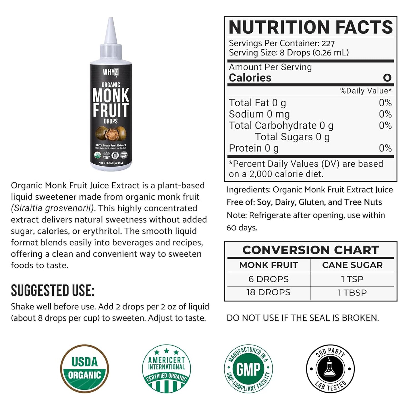 WHYZ Organic Monk Fruit Liquid Sweetener Drops, 227 Servings, 2 fl oz (60 ml)