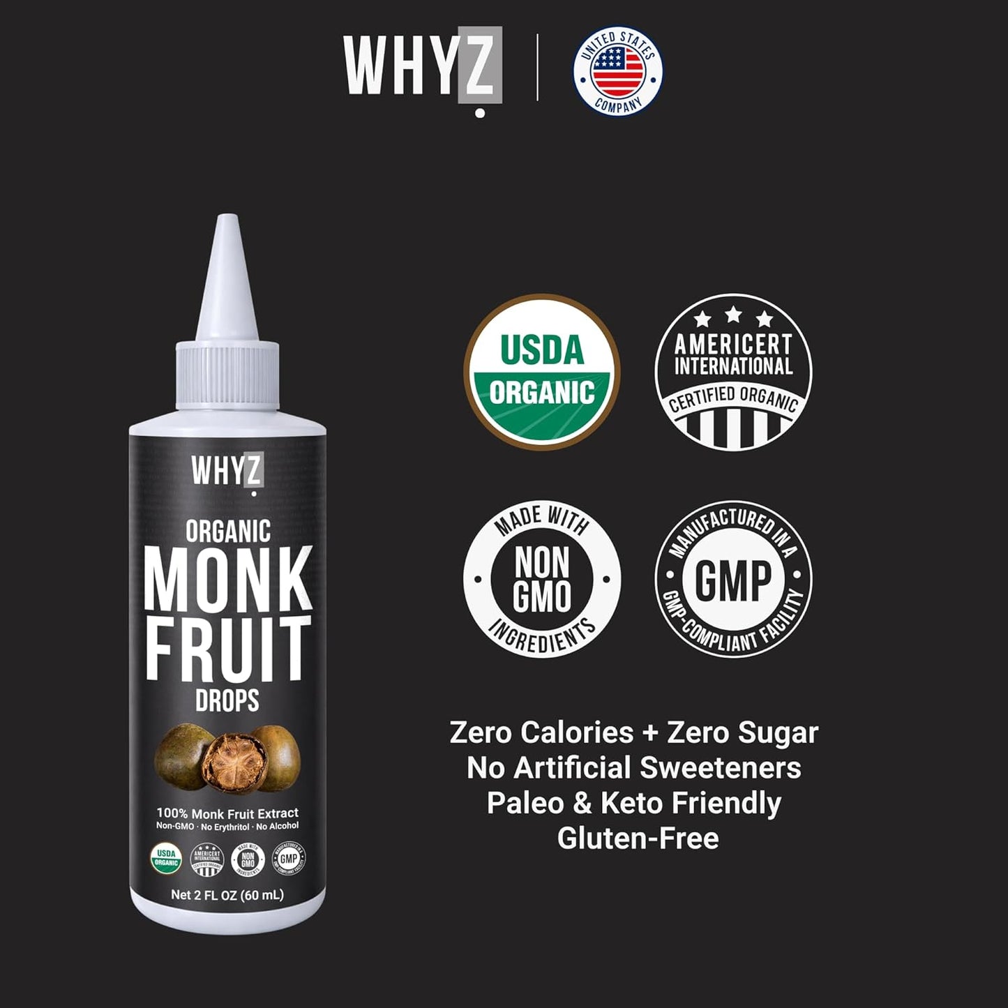 WHYZ Organic Monk Fruit Liquid Sweetener Drops, 227 Servings, 2 fl oz (60 ml)