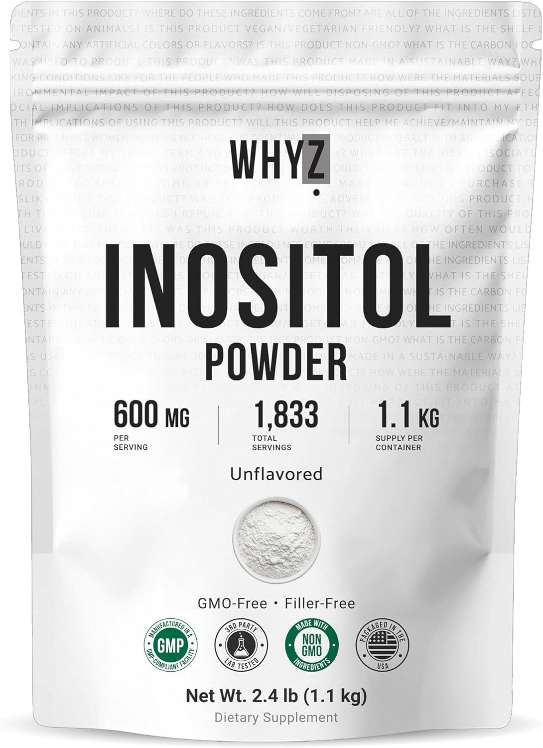 WHYZ Pure Myo-Inositol Powder Unflavored Inositol Supplement Powder, 2.4 lb, 1100g