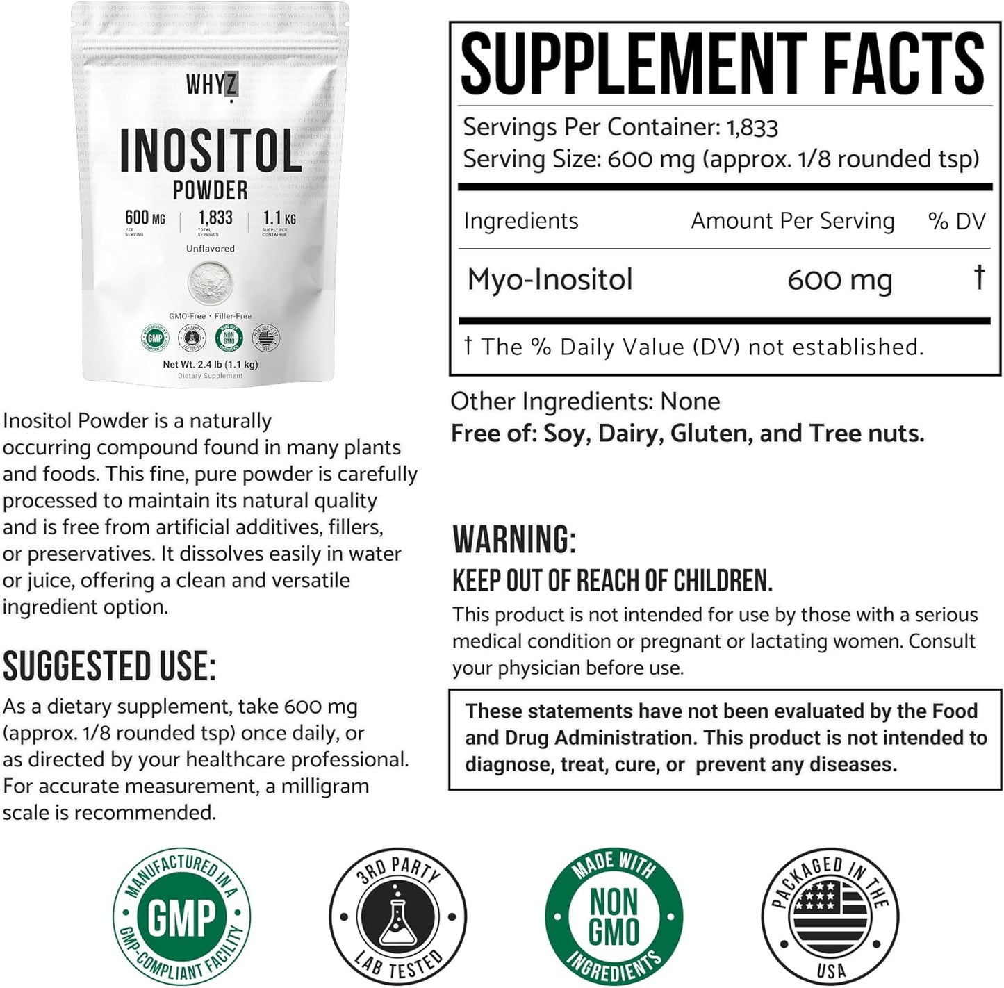 WHYZ Pure Myo-Inositol Powder Unflavored Inositol Supplement Powder, 2.4 lb, 1100g