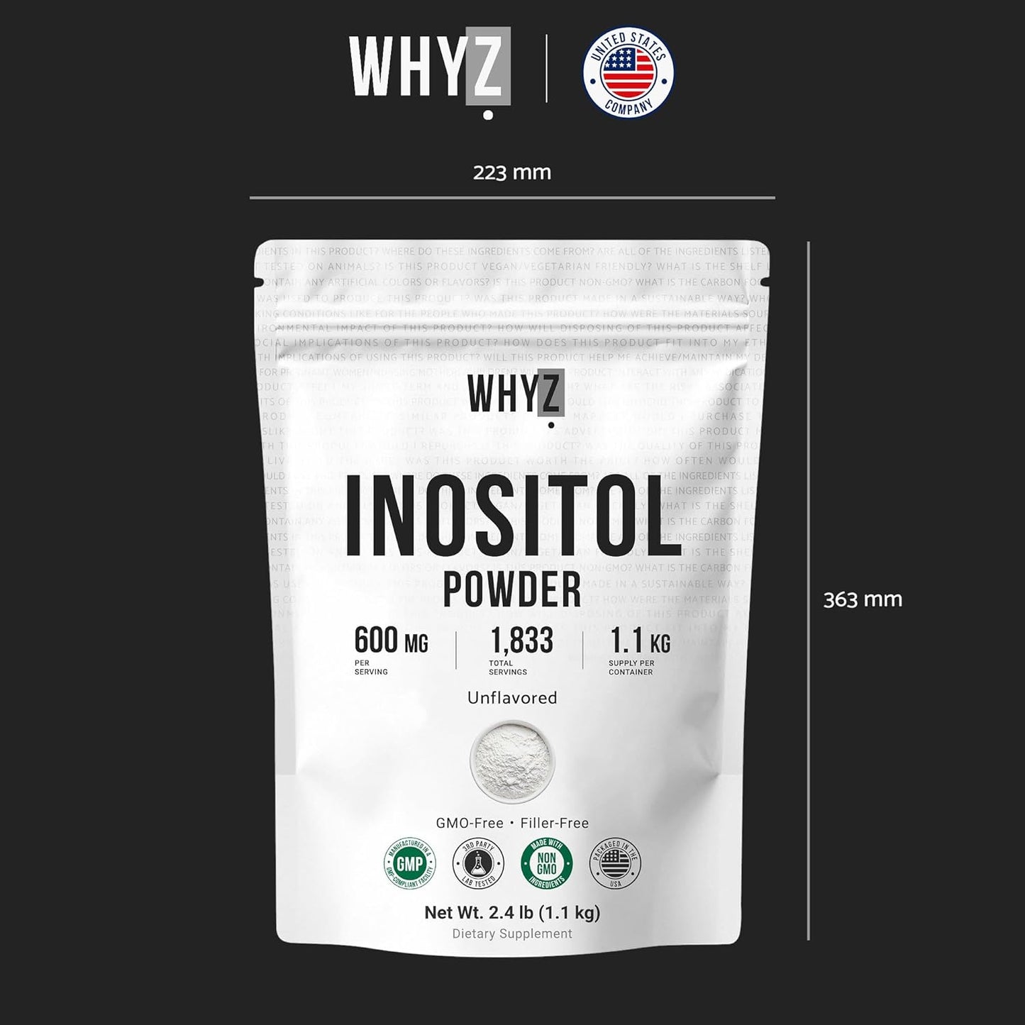 WHYZ Pure Myo-Inositol Powder Unflavored Inositol Supplement Powder, 2.4 lb, 1100g