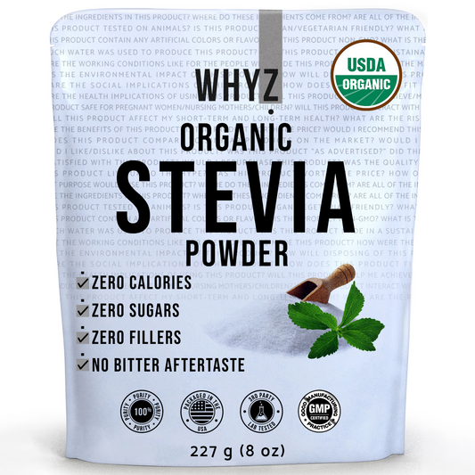 WHYZ Organic Stevia Powder, 8 oz, USDA Organic Stevia Sweetener, Zero Fillers, Zero Calories, Zero Carbs, Keto Friendly Natural Sugar Substitute, 1,621 Servings