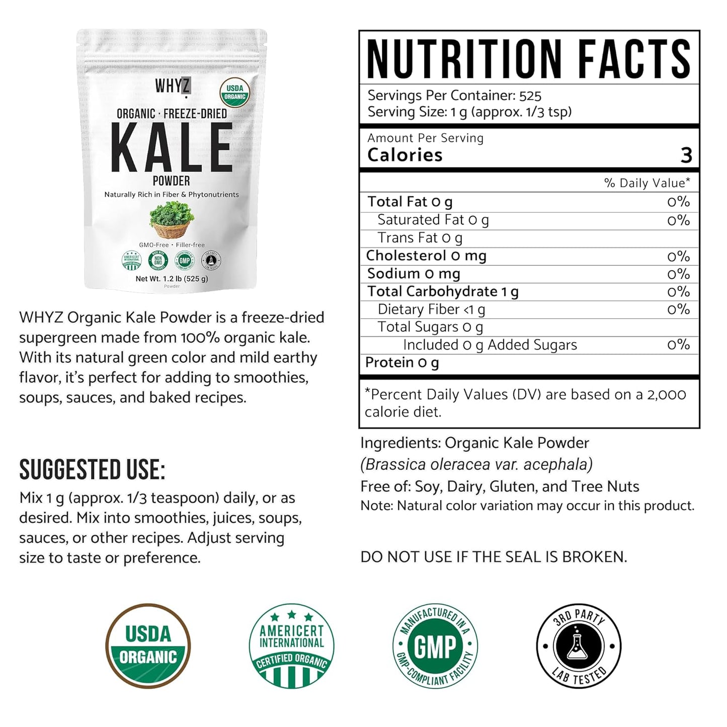 WHYZ Organic Kale Powder Freeze-Dried Greens Superfood, 525g