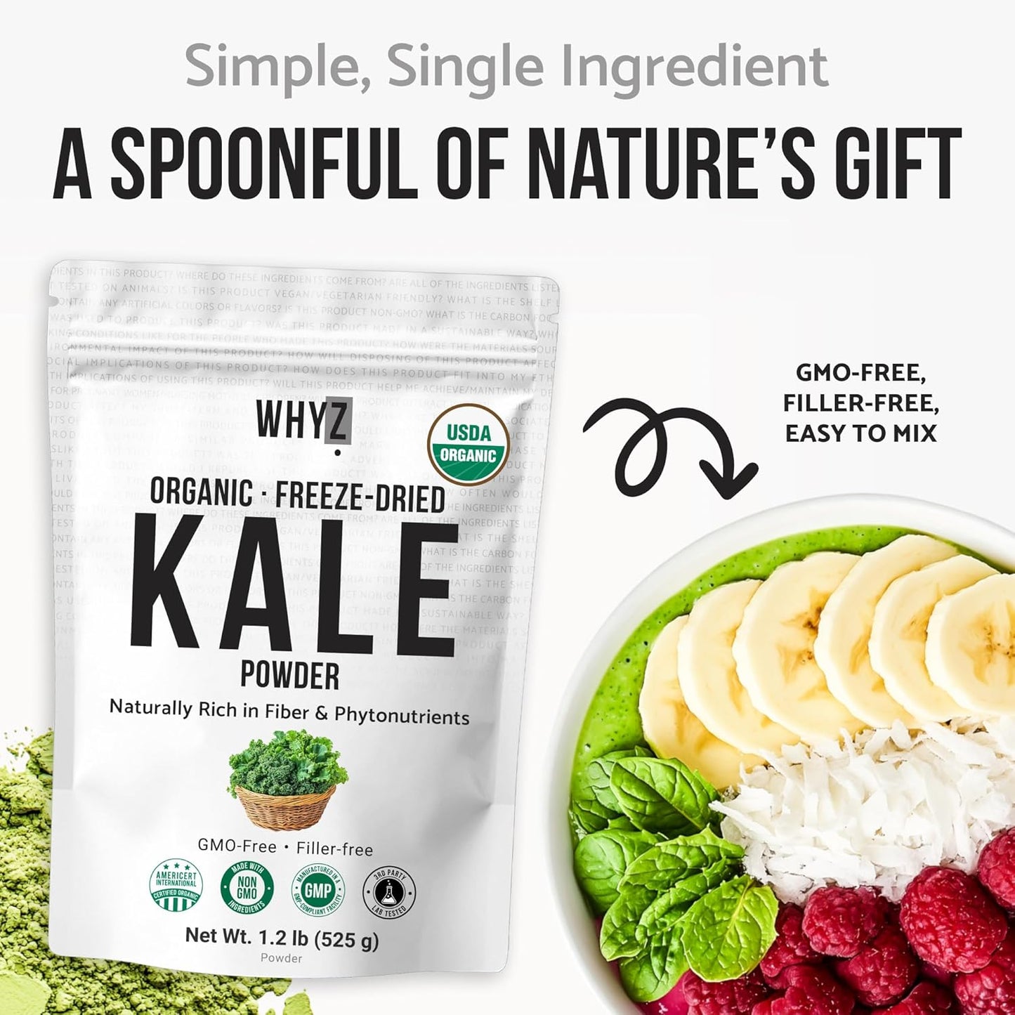 WHYZ Organic Kale Powder Freeze-Dried Greens Superfood, 525g