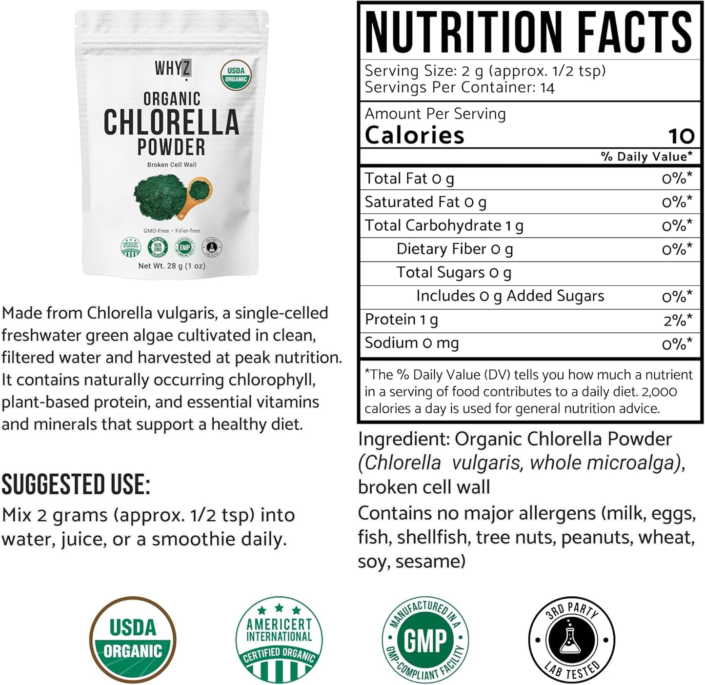 WHYZ Organic Chlorella Powder, 1 oz, 14 Servings