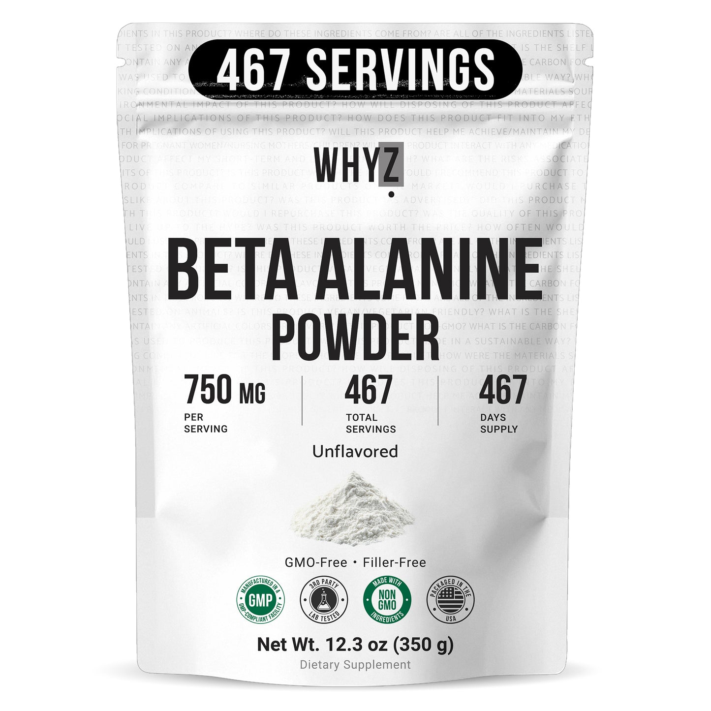 WHYZ Beta Alanine Powder Pure Beta Alanine Pre-Workout Supplement, 12.3 oz