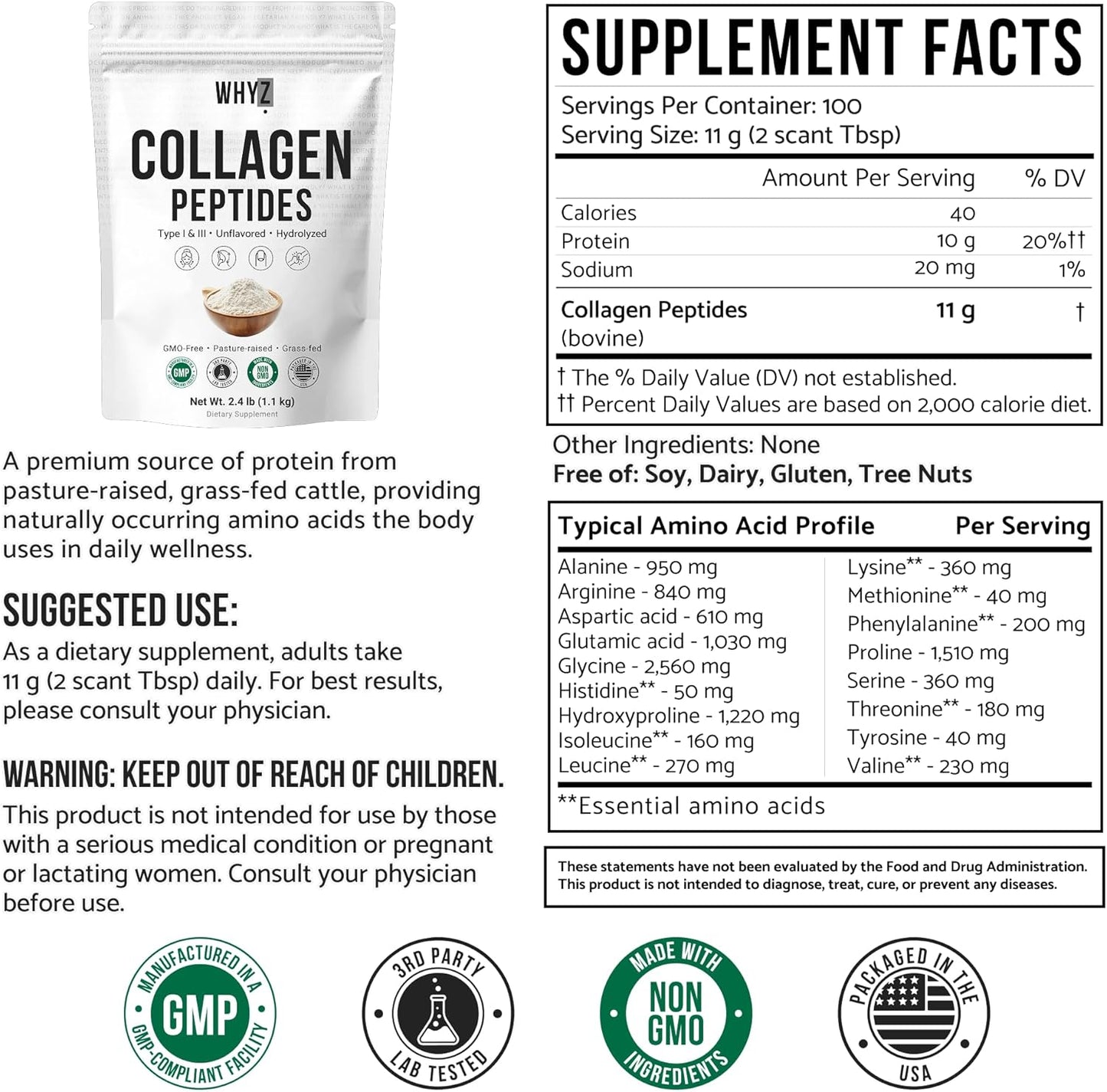 WHYZ Bovine Collagen Peptides Powder, Hydrolyzed Type I & III Protein, 1.1 kg