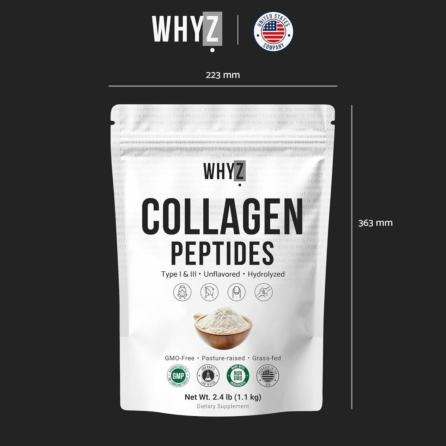 WHYZ Bovine Collagen Peptides Powder, Hydrolyzed Type I & III Protein, 1.1 kg