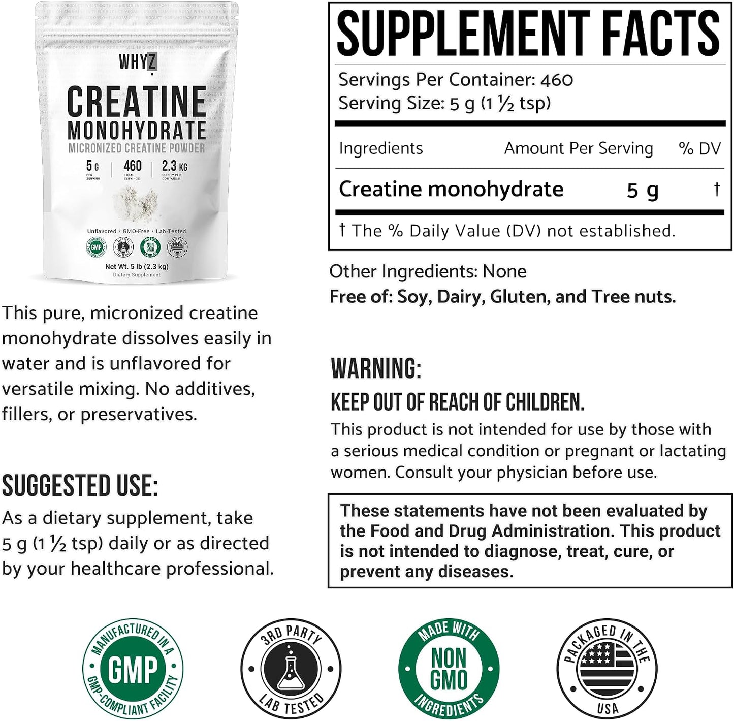 WHYZ Creatine Monohydrate Powder, Micronized, Unflavored Creatine, 20 Servings, 2268g