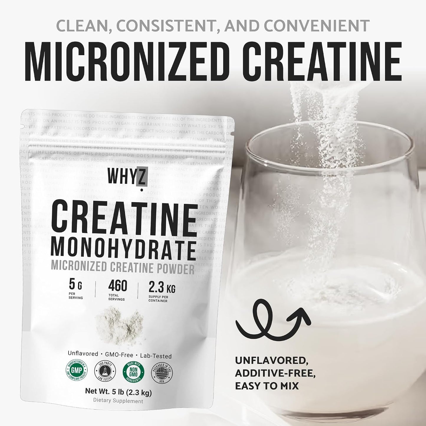 WHYZ Creatine Monohydrate Powder, Micronized, Unflavored Creatine, 20 Servings, 2268g