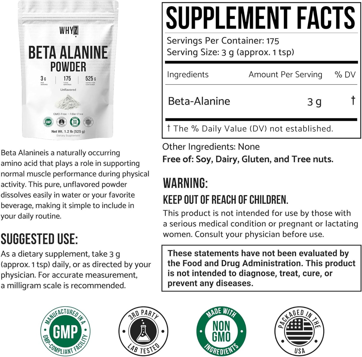WHYZ Beta-Alanine Powder Unflavored Supplement for Pre Workout , 525g