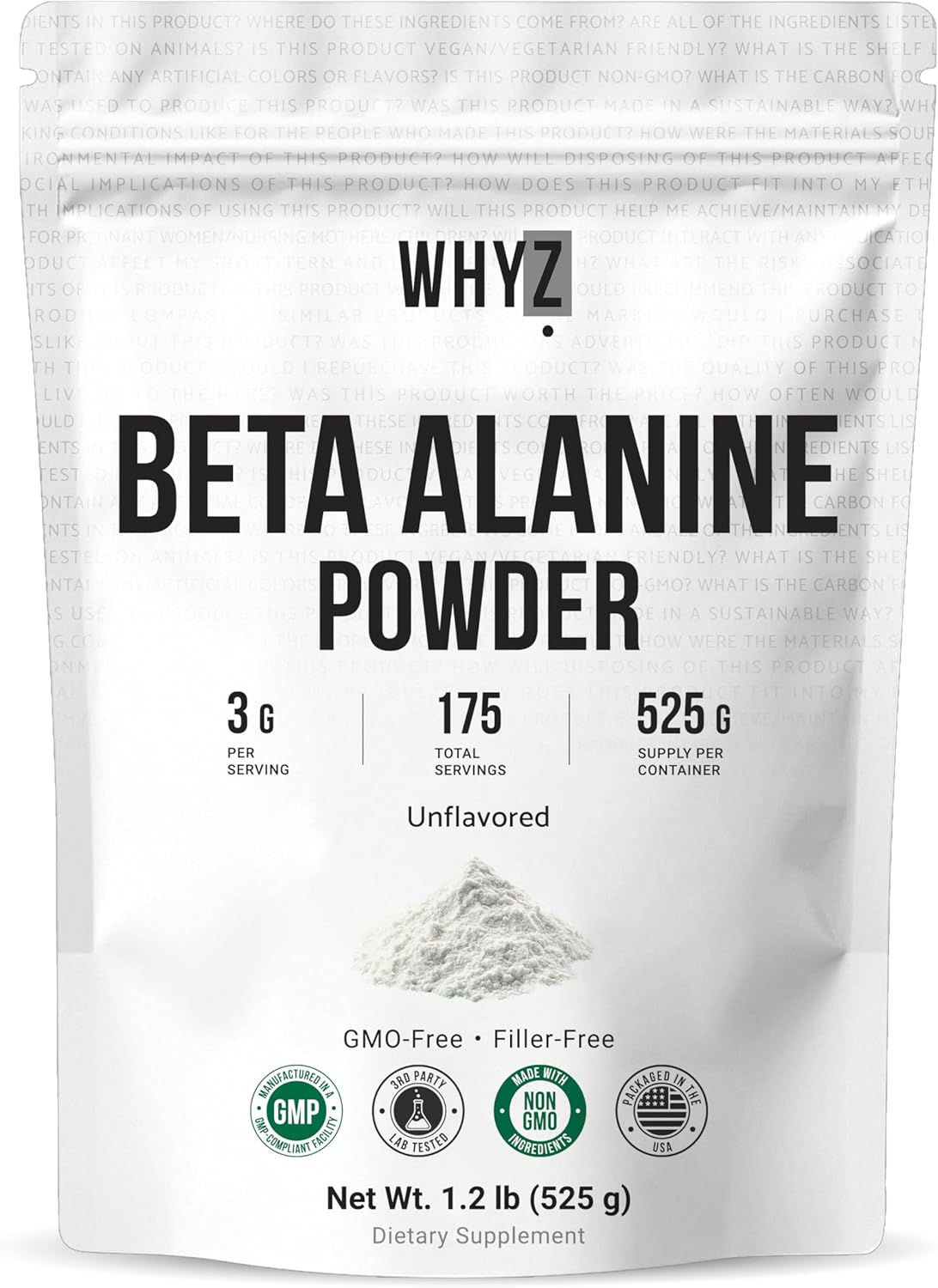 WHYZ Beta-Alanine Powder Unflavored Supplement for Pre Workout , 525g