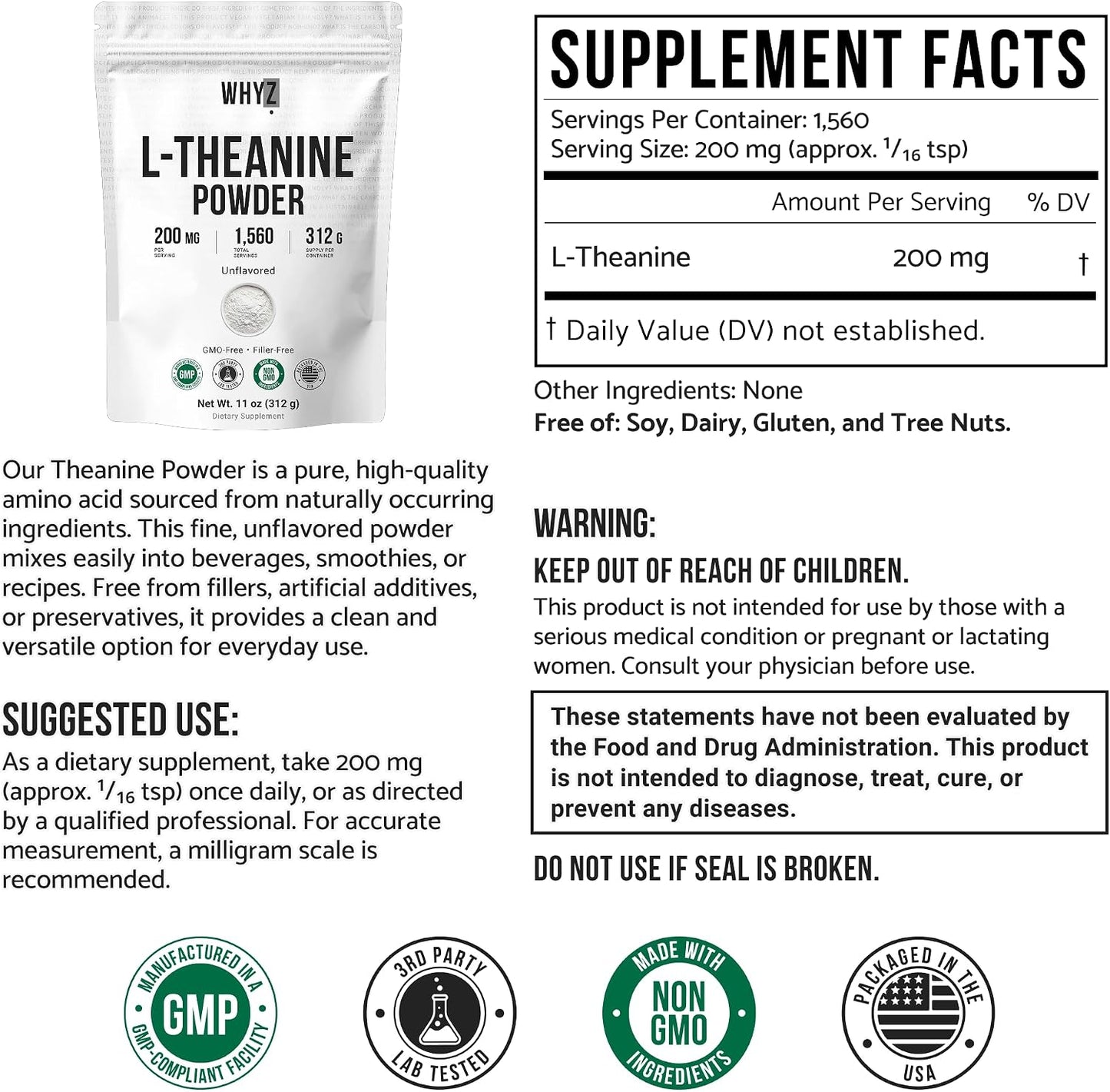 Bulk L-Theanine Powder Unflavored Pure Amino Acid Supplement Powder, 312 g