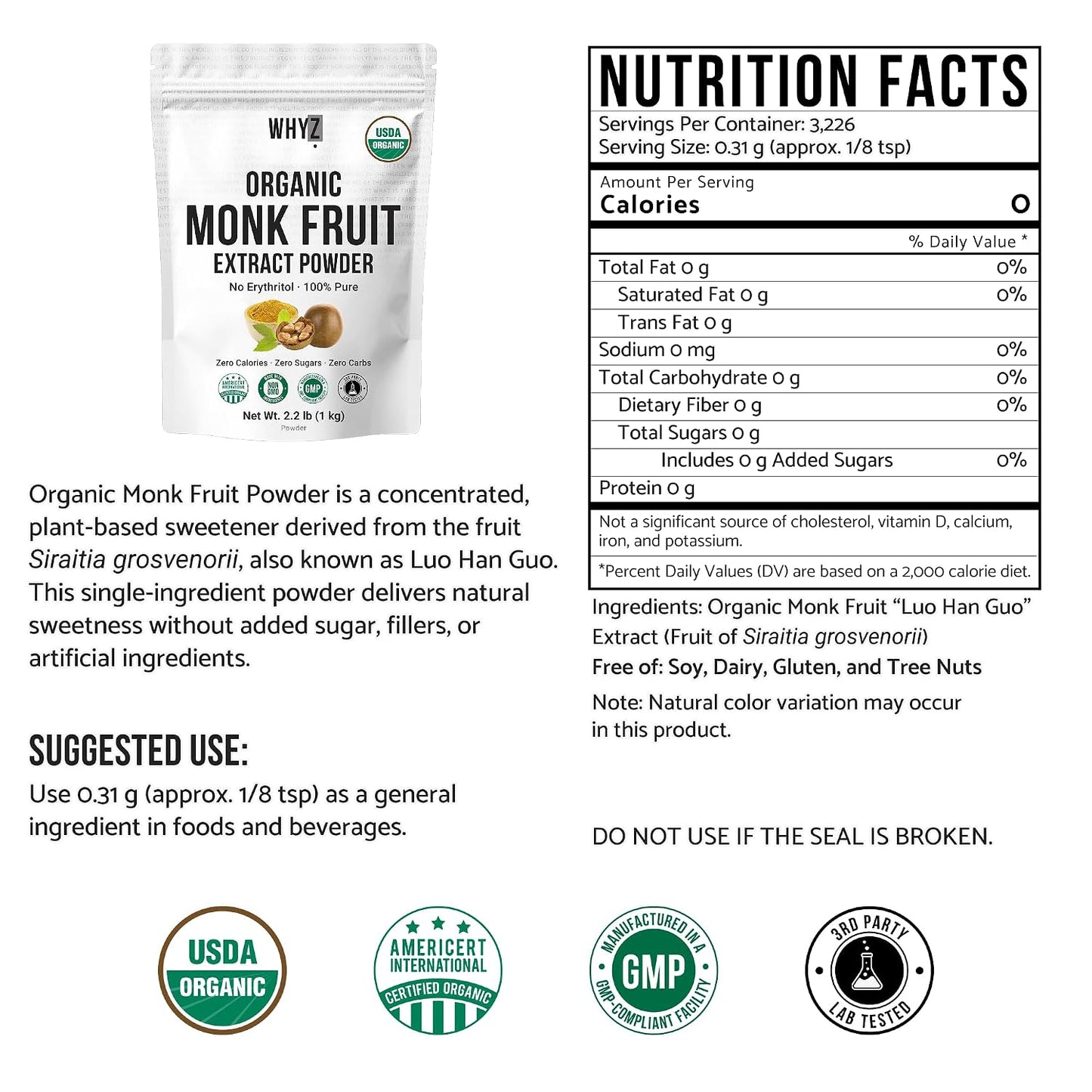 Organic Monk Fruit Extract Powder, 525g, 1693 Servings