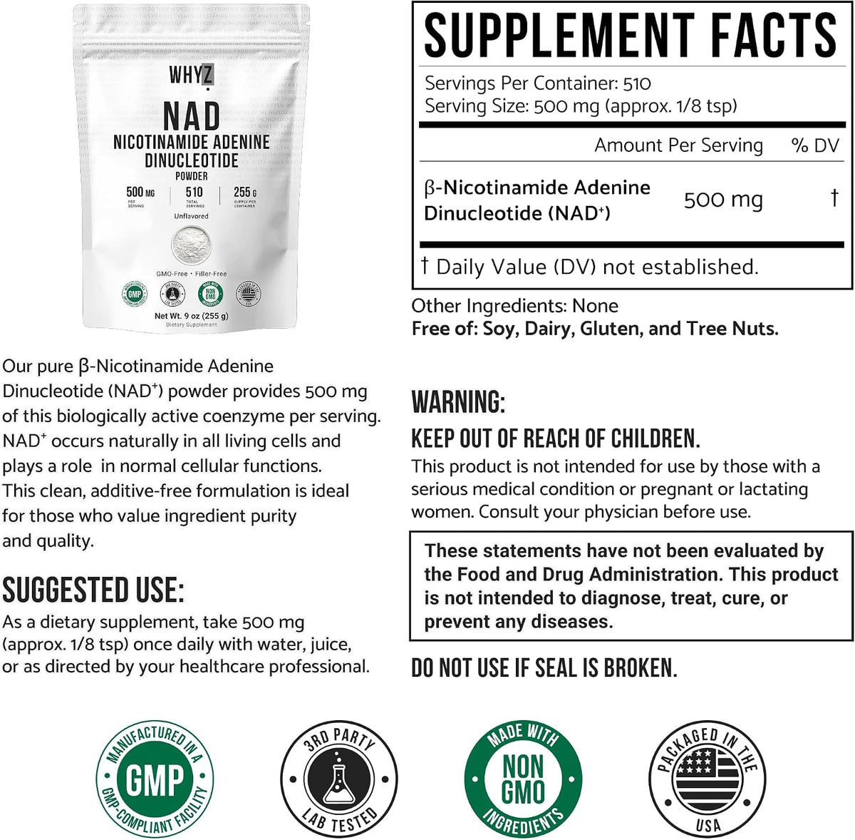 Pure NAD Powder Nicotinamide Adenine Dinucleotide Supplement, 255g