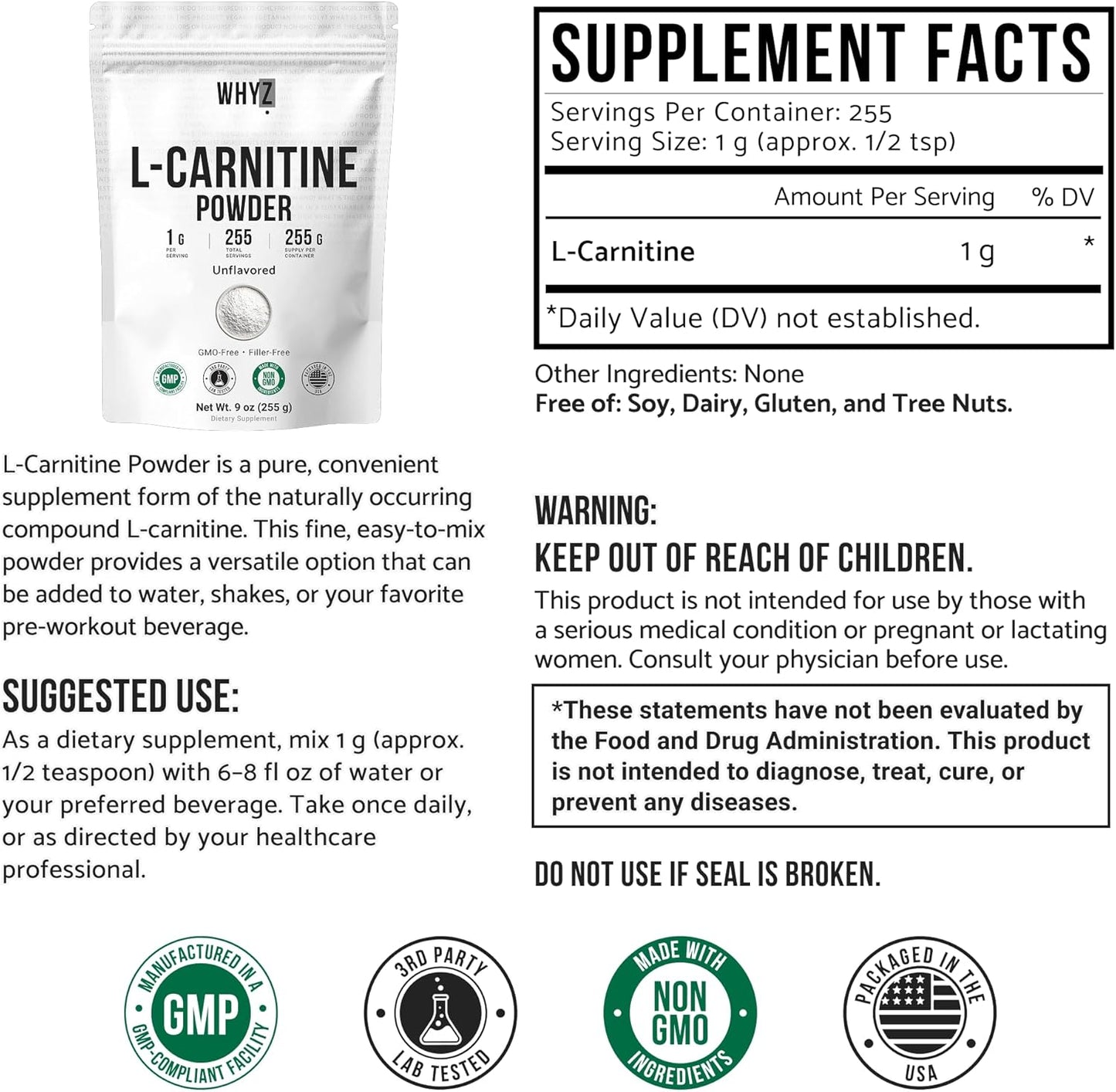 WHYZ L-Carnitine Powder Unflavored Carnitine Supplement, 255g (9 oz)