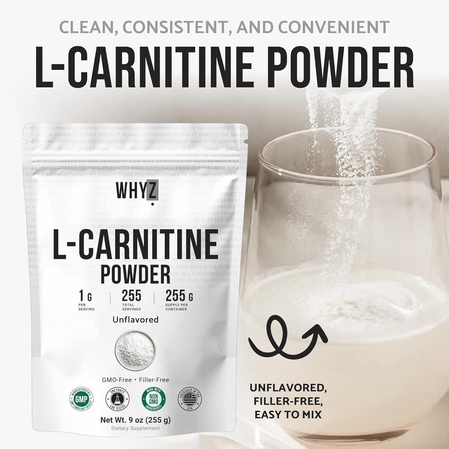 WHYZ L-Carnitine Powder Unflavored Carnitine Supplement, 255g (9 oz)
